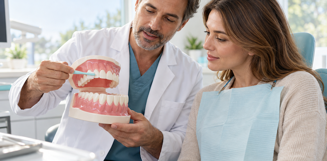 Pronto Odontoiatria Nuzzolese: Dentista mostra a una paziente su un modello dentale come spazzolare delicatamente il margine gengivale.